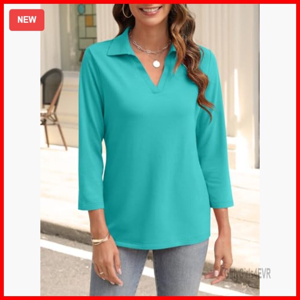 3/4 Sleeve V-Neck Polo Top Business Casual Loose Fit - Picture 3 of 7